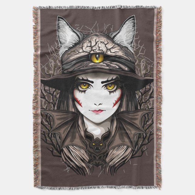 Witch Cat Halloween Creepy Cute Portrait Throw Blanket (Front Vertical)