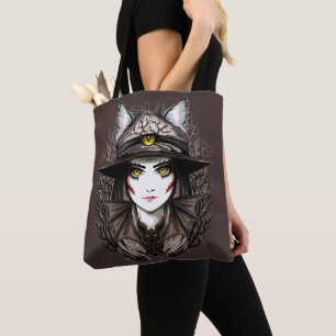 Witch Cat Halloween Creepy Cute Portrait Tote Bag