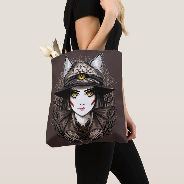 Witch Cat Halloween Creepy Cute Portrait Tote Bag (Close Up)