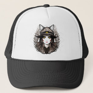 Witch Cat Halloween Creepy Cute Portrait Trucker Hat