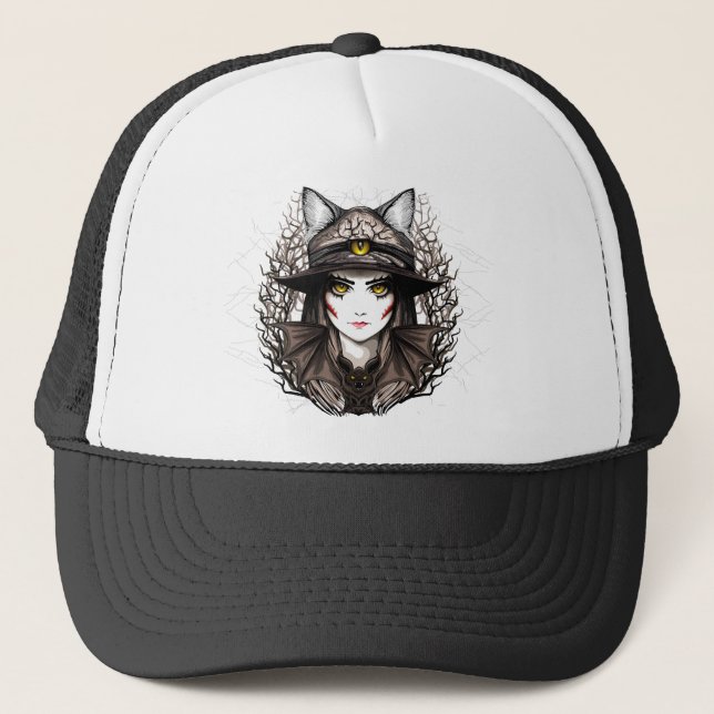 Witch Cat Halloween Creepy Cute Portrait Trucker Hat (Front)