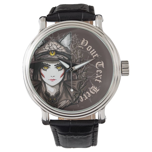 Witch Cat Halloween Creepy Cute Portrait Watch (Front)
