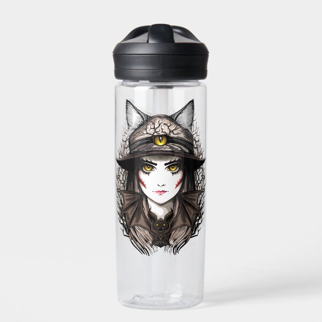 Witch Cat Halloween Creepy Cute Portrait Water Bottle (Front)