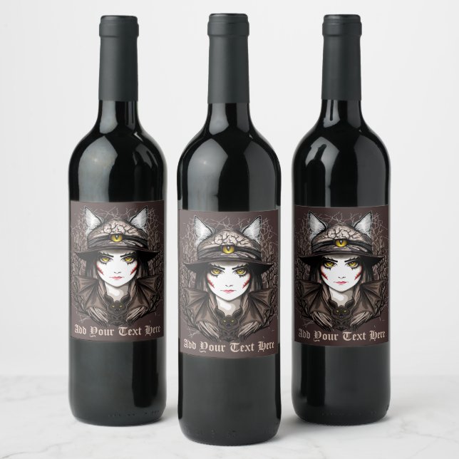 Witch Cat Halloween Creepy Cute Portrait Wine Label (Bottles)