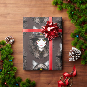 Witch Cat Halloween Creepy Cute Portrait Wrapping Paper