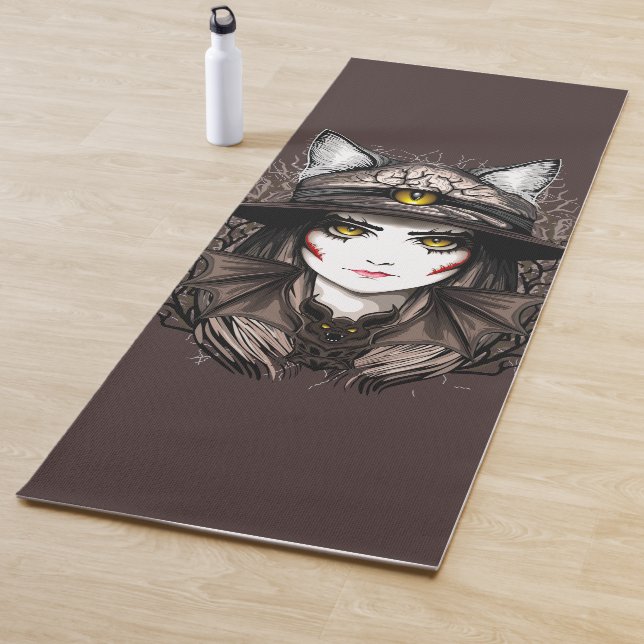 Witch Cat Halloween Creepy Cute Portrait Yoga Mat (In Situ)