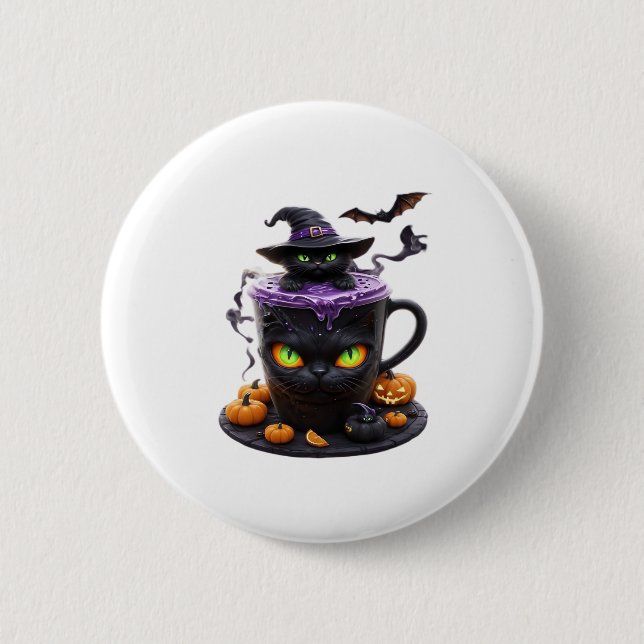 Witch Cat Halloween Latte � Creepy Cute Coffee wit 6 Cm Round Badge (Front)