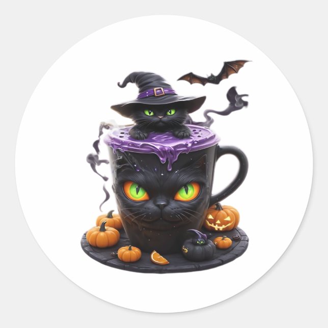 Witch Cat Halloween Latte – Creepy Cute Coffee wit Classic Round Sticker (Front)