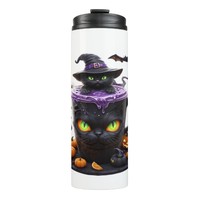 Witch Cat Halloween Latte – Creepy Cute Coffee wit Thermal Tumbler (Front)