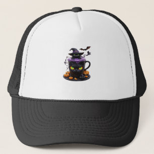 Witch Cat Halloween Latte Creepy Cute Coffee with Trucker Hat
