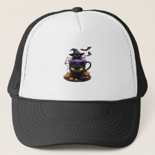 Witch Cat Halloween Latte Creepy Cute Coffee with Trucker Hat