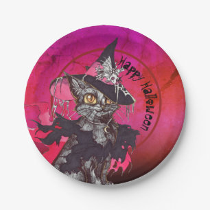 Witch Cat Happy Halloween Paper Plate