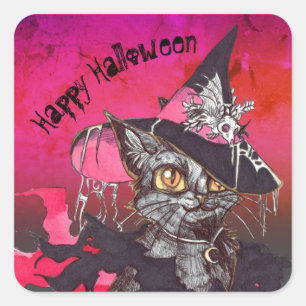 Witch Cat Happy Halloween Square Sticker
