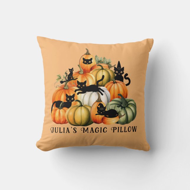Witch Cat Jack O Lantern Halloween Magic Gifts Cushion (Front)
