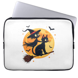 Witch Cat on a Broomstick � Halloween Night Vector Laptop Sleeve