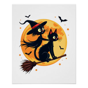 Witch Cat on a Broomstick � Halloween Night Vector Poster