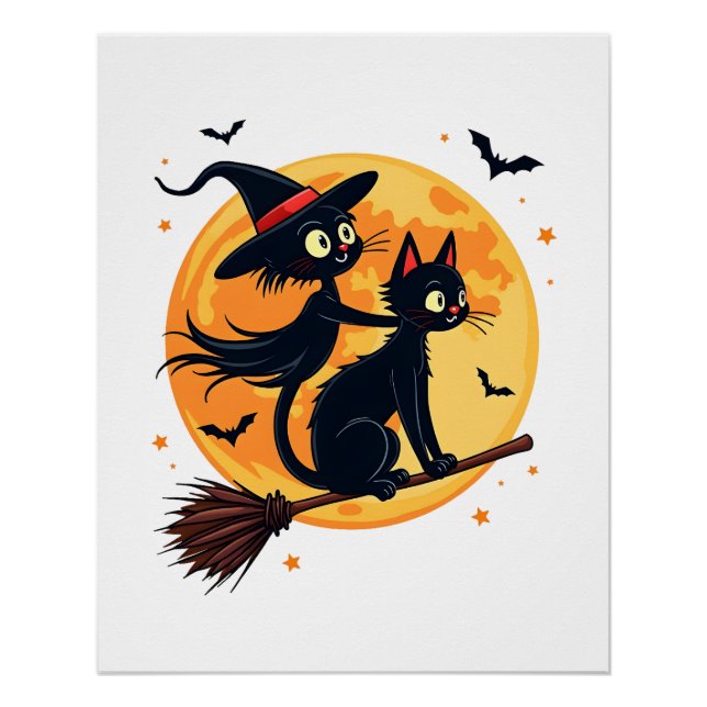 Witch Cat on a Broomstick � Halloween Night Vector Poster (Front)