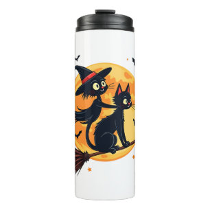 Witch Cat on a Broomstick – Halloween Night Vector Thermal Tumbler