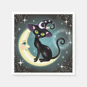 Witch Cat on Crescent Moon Halloween Wiccan Wicca Napkin