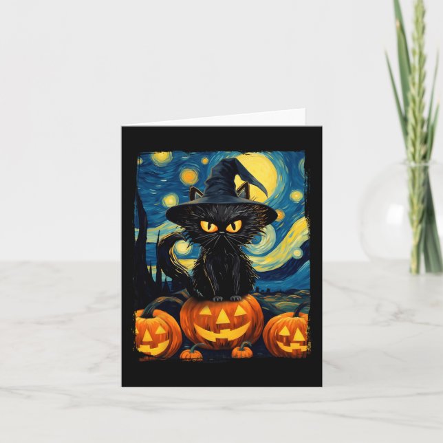 Witch Cat Starry Night Van Gogh Retro Halloween Ca Card (Front)