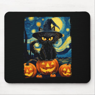 Witch Cat Starry Night Van Gogh Retro Halloween Ca Mouse Pad