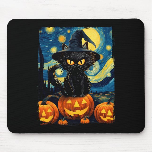 Witch Cat Starry Night Van Gogh Retro Halloween Ca Mouse Pad (Front)