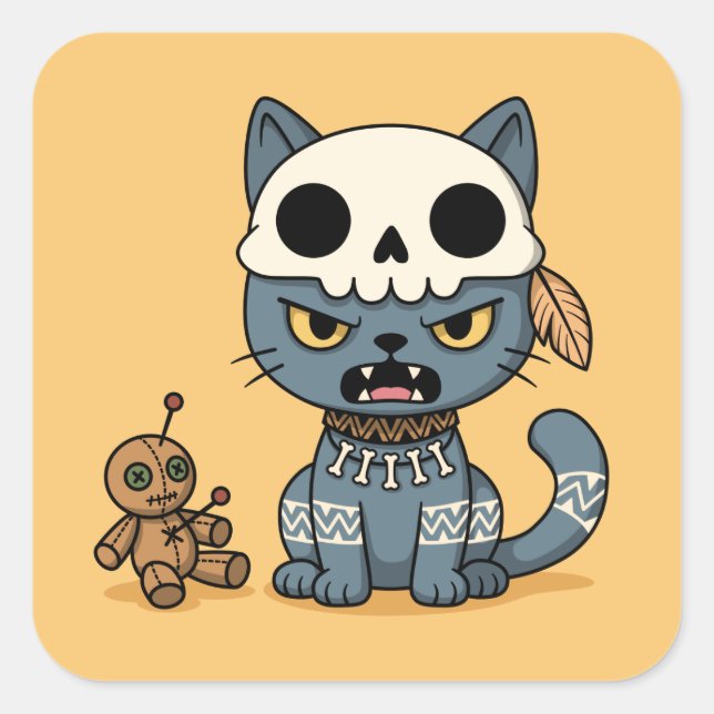 Witch Cat Voodoo Doll on Yellow Square Sticker (Front)