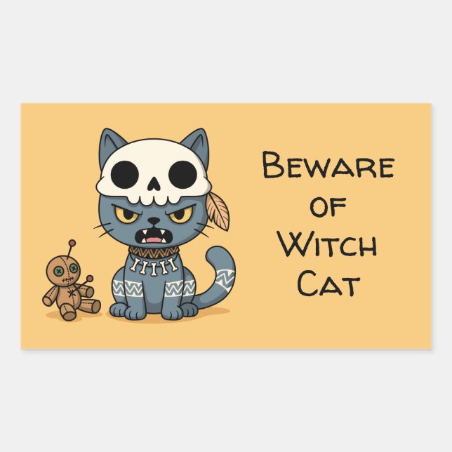 Witch Cat Voodoo Doll Yellow Custom Text Rectangular Sticker (Front)
