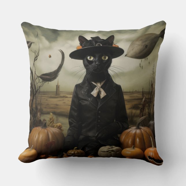 Witch Cat with Pumpkins  Cushion (Front)