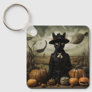 Witch Cat with Pumpkins Key Ring