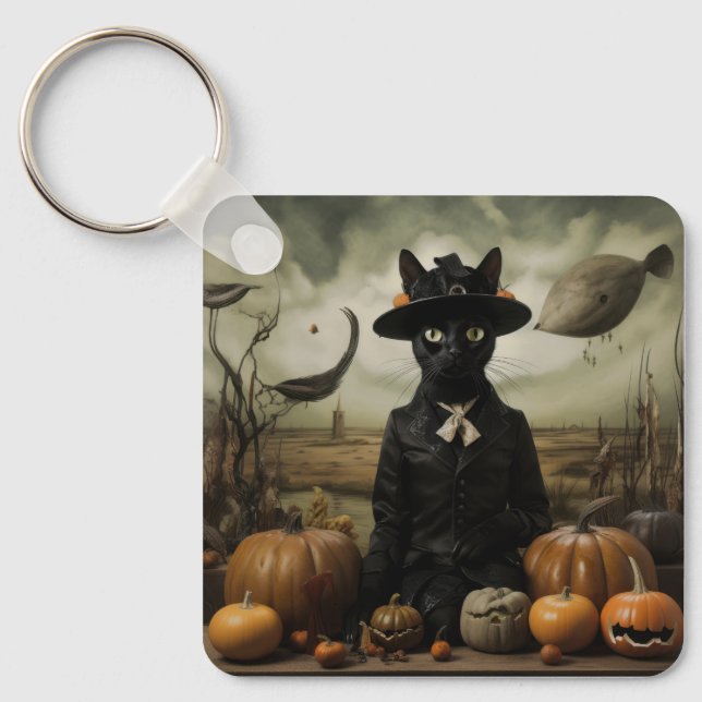 Witch Cat with Pumpkins  Key Ring (Front)