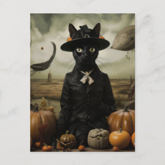 Witch Cat with Pumpkins  Postcard