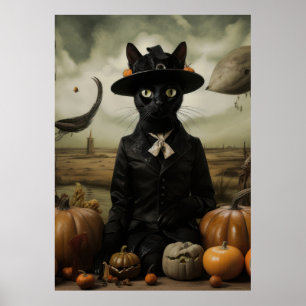 Witch Cat with Pumpkins  Poster