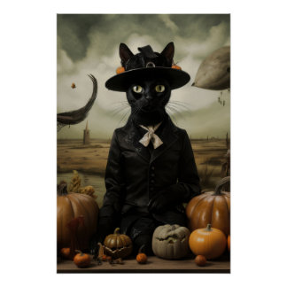 Witch Cat with Pumpkins Poster