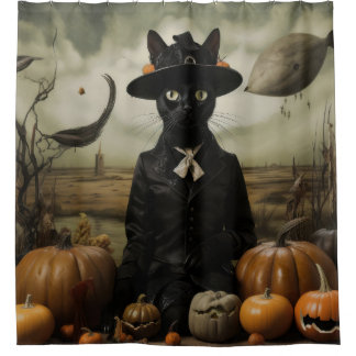 Witch Cat with Pumpkins Shower Curtain