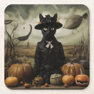 Witch Cat with Pumpkins Square Paper Coaster