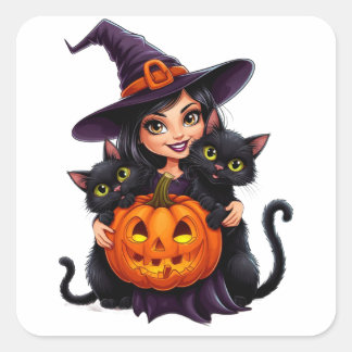 Witch Cats Jack O Lantern Halloween 🐈‍⬛ Square Sticker