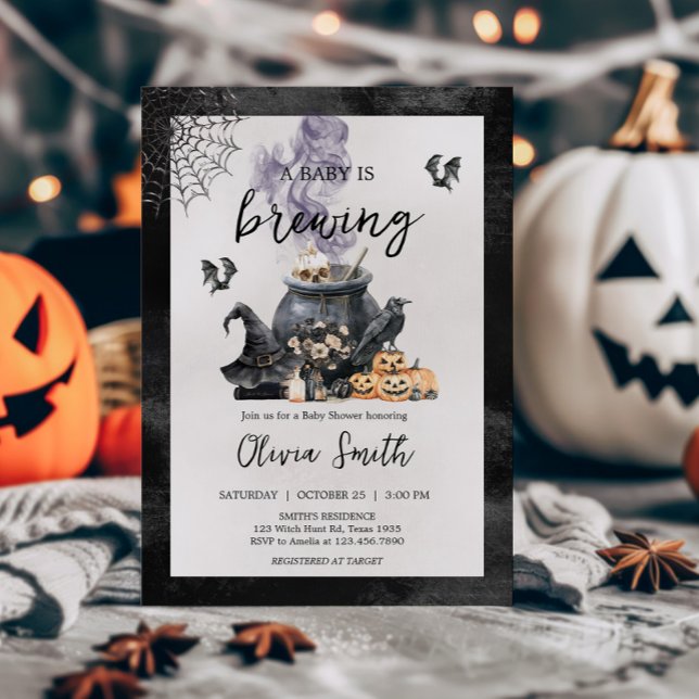 Witch Cauldron Baby is Brewing Baby Shower Invitation (A Baby is Brewing Halloween Baby Shower Invitation)