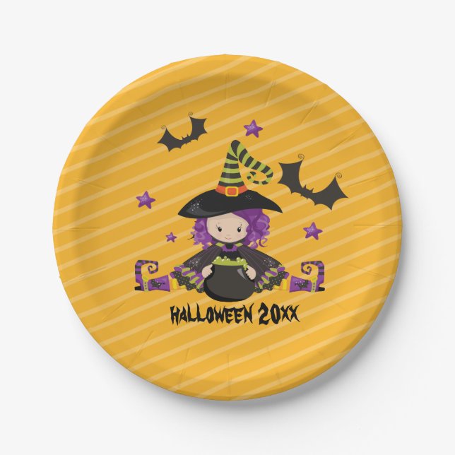 Witch Cauldron Bats Halloween Kids Halloween Party Paper Plate (Front)