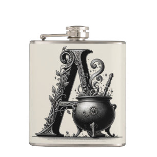 Witch Cauldron Witchy Letter A Custom Initial  Hip Flask