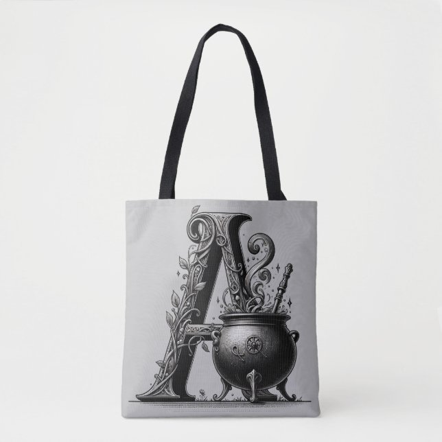 Witch Cauldron Witchy Letter A Custom Initial  Tote Bag (Front)