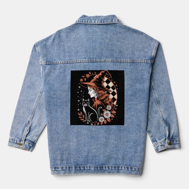 Witch Checkered Halloween Denim Jacket (Back)