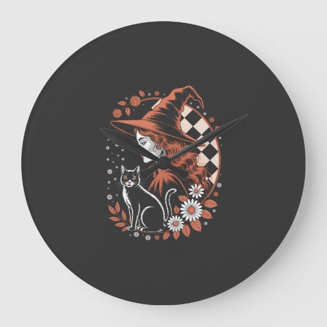 Witch Chequered Halloween Large Clock (Front)
