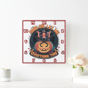 Witch conjuring thoughts by a glowing pumpkin square wall clock