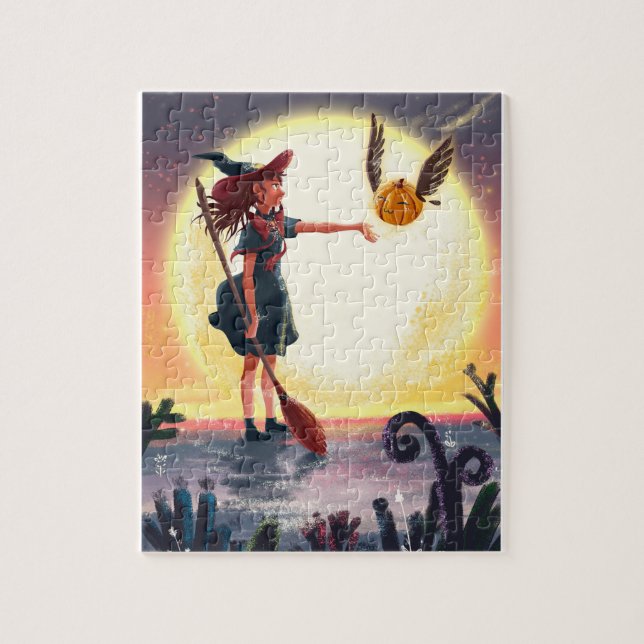 Witch Controlling A Cute Flying Pumpkin Fantasy Jigsaw Puzzle (Vertical)
