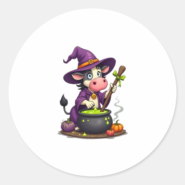 Witch Cow Cauldron Brew Classic Round Sticker (Front)