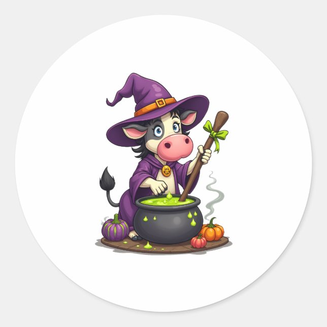 Witch Cow Cauldron Brew Classic Round Sticker (Front)