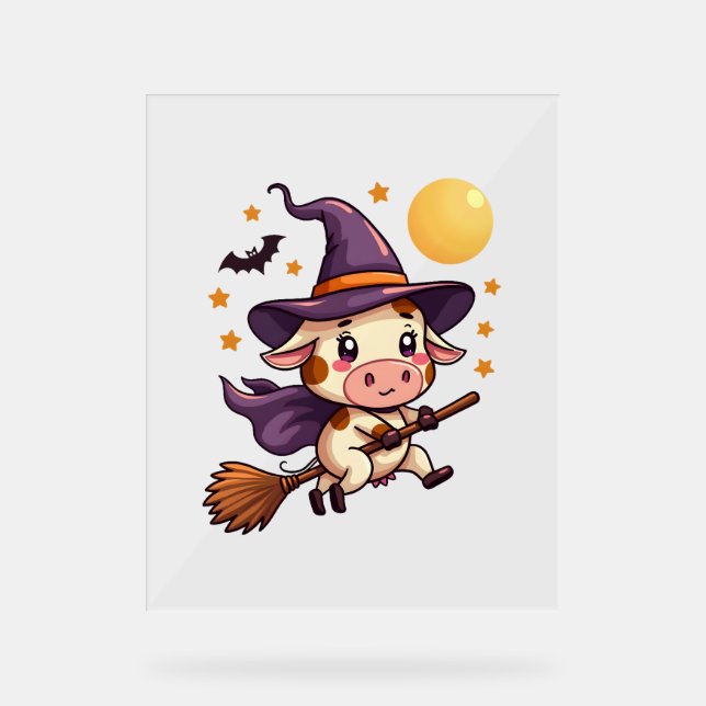 Witch Cow on a Broomstick Acrylic Sign (Front)