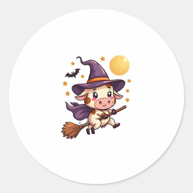 Witch Cow on a Broomstick Classic Round Sticker (Front)