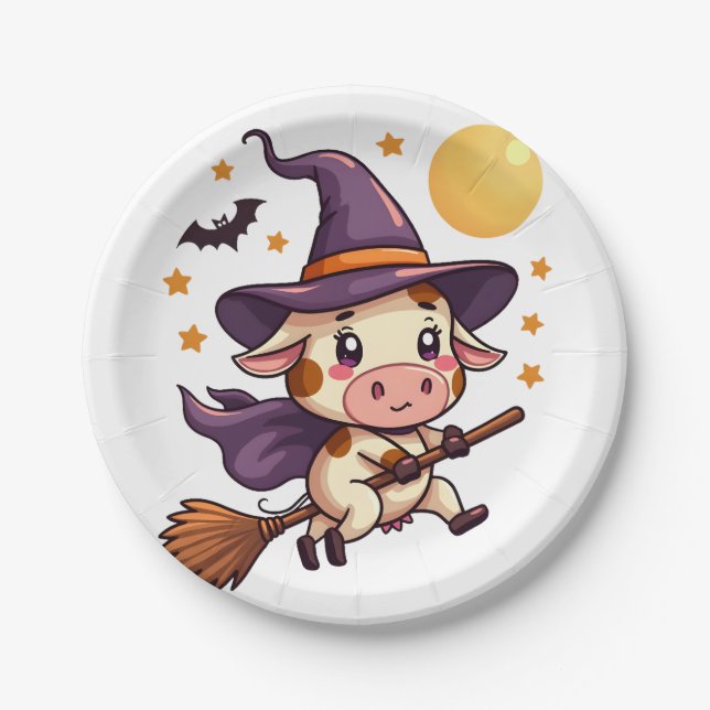 Witch Cow on a Broomstick Paper Plate (Front)